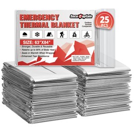 SecuCaptain Survival Emergency Thermal Blankets: Extra Large 84” x63” Space Mylar Blanket Kit for Outdoor Cold Winter Camping Hiking Car Bug Out Bag or First Aid - 25 Pack