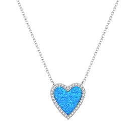 GOUWO Sea Blue Love Heart Pendant Necklace 925 Sterling Silver Opal Necklace Anniversary Valentines Mothers Day Birthday Gifts Jewelry for Women Wife Mom Her