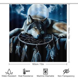 4PCS/Set Mystical Wolf Dreamcatcher Moon Mountain Shower Curtain 72W X 72L, Blue Mystical Feather Printed Bathroom Decor, Shaped Mat Toilet Lid Cover and Non-Slip Rugs with 12 Hooks