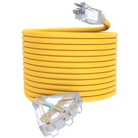 50Ft 12/3 Outdoor Extension Cord with 3-Outlets, Heavy Duty 12 Gauge 3 Prong Extension Cord Waterproof with Lighted end, 15A 12AWG 1875W SJTW, ETL Listed - Great for Garage, Garden and Home, Yellow