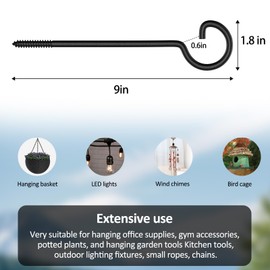 ASZUNE Screw Hooks for Hanging 9in,10Pcs Long Crew-in Hooks,Ceiling Hooks for Christmas Lights and Curtain Hooks,Kitchen Hooks,Plants Hanger Outdoor/Indoor Hooks Black