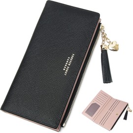 Women's Slim Wallet, Lightweight, Minimalist Design, 12 Credit Card Slots, ID Window, 3 Large Cash Compartments, Zipper Pocket for Coins, Black PU Leather