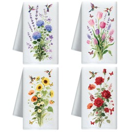 CUTHOLLOW Flowers and Hummingbird Decorative Kitchen Towels Set of 4, Soft&Absorbent Microfiber Dish Towel for Kitchen Tea Coffee Bar Home,Best Gift for Housewarming Christmas Thanksgiving Birthday