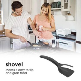 2 Pcs Egg Flipper Spatulas, 2 in 1 Grip and Flip Spatula Tongs Egg Flipper Tong, Eggs Flipper, Spatula Tong Grill Clamp for Kitchen Cooking Baking (Black +Red, One Size)