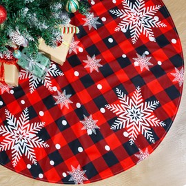 Christmas Tree Skirt Red and Black Buffalo Plaid Tree Skirt Snowflake Design, 48 inches Thick Layer Farmhouse Rustic Xmas Tree Skirts for Christmas Decorations and New Year Holiday Party