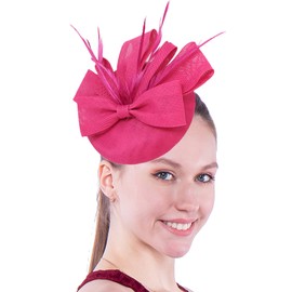 Coolwife Fascinators Pillbox Hat Bow Fake Sinamay Feather Flower Derby Ball Wedding Church Party Church Hat (A Rose Red)