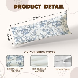 SNNDER Vintage Blue and White Chinoiserie 20x54 Body Pillow Cover with Zipper, Cottagecore Room Decor, Retro Toile De Jouy Floral Botanical Decorative Long Hug Pillow Cases for Bed Couch