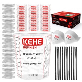 60-pack Paint Mixing Cups by KEHE REFINISH,38 oz (1100ml),Disposable or Reusable Plastic Measuring Cups with Lids for Liquids, Paints, Resin, Epoxy, Art,Ratios 1:1, 2:1, 3:1, 4:1, 5:1, 6:1, 8:1