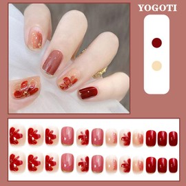 YOGOTI Nail Tip, Short, Gel Nail, Nail Seal, False Nails, Spring & Summer Nails, Round Tip, Cute, Glitter, Oval, Short 3D Nails, 24 Pieces, Nail Supplies, Double Sided Tape Included, Nail Art Tool Set
