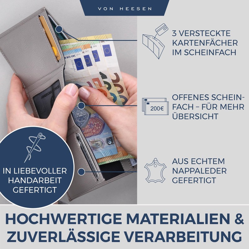 VON HEESEN slim wallet, gray, With mini coin compartment