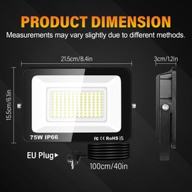 RIGIDON 75 W LED Outdoor Spotlight with Plug, 7500 LM LED Outdoor Spotlight 6000 K Cool White IP66 Waterproof Floodlight Outdoor Lamp for Garage, Garden, Sports Field, Patio, Yard