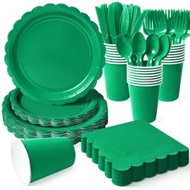 350Pcs Green Paper Plates and Napkins Tableware Set (Serve 50), Green Birthday Decorations Include Scalloped Plates Napkins Cups Spoons Forks Knives for Spring Potlucks, Weddings Party