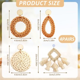 4 Pairs Boho Rattan Earrings for Women,Vacation Essential Tassel Dangle Straw Earrings,Lightweight Boho Jewelry accessories for Summer,Wedding,Beach,Party, Gifts for her, Sister, Mother, Girlfriends