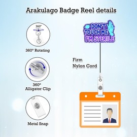 Arakulago Don't Touch Me I'm StrerileFunny Nurse Badge Reel Retractable Nursing Badge Holder with ID Clip Accessories RN CNA Glitter Acrylic Name Badge Clip Medical Assistant LPN SLP ID Card Opl637