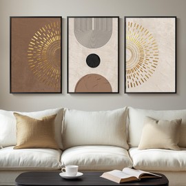 Framed Boho Neutral Abstract Wall Art, 3 Piece Canvas Prints Paintings Artwork for Walls, Large Minimalist Brown Beige Gold Geometric Pictures for Living Room Hallway Bedroom Office Wall Decor 16x24