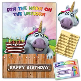 Birthday Party Game â Pin The Horn On The Unicorn â 16 Player â Blindfold, Winner Certificate and XL Poster Included for Unicorn Theme Girl Birthday Party supplies and decorations