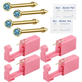 4 Pcs Nose Piercing Kit - Disposable Piercing Gun Built-in Gold Plated Nose Stud Pink Self Use at Home Piercing Kit Convenient Safe Operate (Blue)