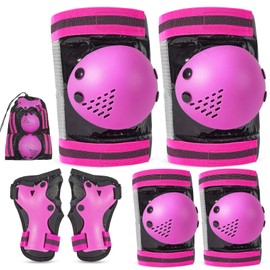 Knee Pads for Kids, Toddler Knee Pads and Elbow Pads Set Wrist Guards for Girls 3-12 Years, Adjustable Kids Protective Gear Set for Roller Skating Cycling Skateboard Scooter,Black Pink,8-12 Years