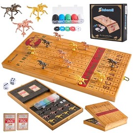 Juego de mesa grande de carreras de caballos de 23 pulgadas, juego de mesa plegable de carreras de caballos con 11 caballos de metal, 2 dados, 2 cubiertas de cartas y 100 chips (bambú)