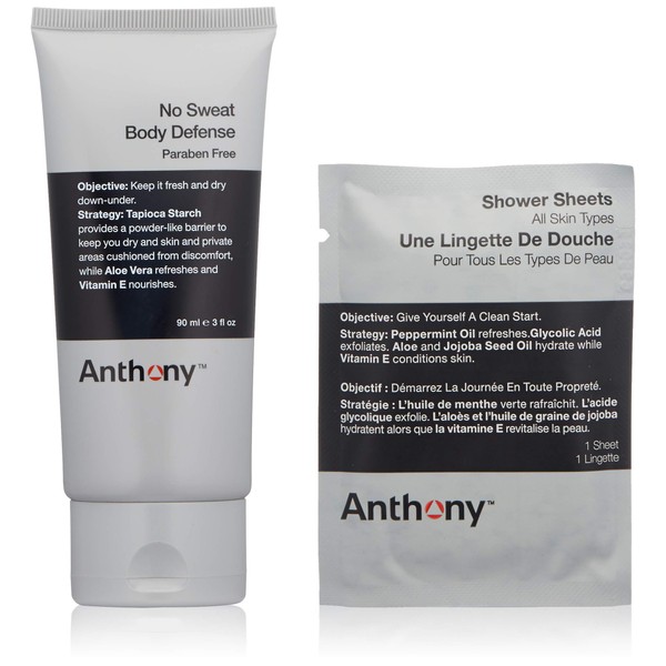 Anthony No Sweat Body Defense and Shower Sheet Bundle, Anti-Chafe Talc Free Cream To Powder Lotion, 3 Fl Oz, and 1 Shower Sheet, Lotion Contains, Aloe Vera, and Vitamin E, Protects Skin from Sweating