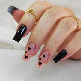 Press on Nails Medium Square Valentine's Day Black Love Heart Gold Lines False Nails with Design French Fake Nails Artificial Acrylic Nails Full Cover Glossy Coffin Nails Glue on Nails for Women 24Pcs
