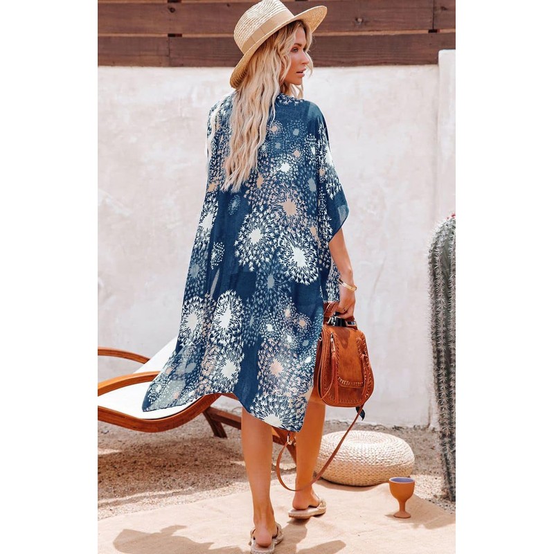 Women's Beach Hawaii Flowy Dress Kimono Cardigans Summer Bikini Coverups(04-Blue
