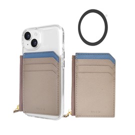 wizu Card Folder, MagSafe Compatible, Zippered Card Holder, Wallet, Leather, Magnetic Seal, Bicolor, Greige × Blue