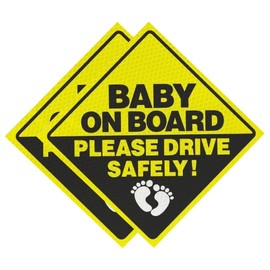 Baby On Board Car Stickers, Yellow Diamond Reflective Safety Decal for Vehicle Window and Bumper, Waterproof Warning Sign, 2-Pack B020