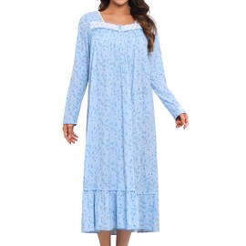IZZY + TOBY Nightgowns For Women,Cotton Nightgown,Long sleeve Ladies Sleepwear,Gown For Women Blue Flower XL