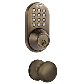 MiLocks TFK-02AQ Digital Deadbolt Door Lock and Passage Lever Handle Combo with Keyless Entry via Keypad Code for Exterior Doors, Antique Brass