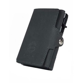 SLIMCLIP Wallet Pop Up Easy Slide Credit Card Holder RFID Protection Cards Wallet Slim 7 x 10 cm Small Crazy Horse Leather Coin Compartment Press Stud Zip Women's Men's Wallet, black, Modern