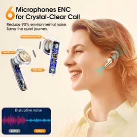 Wireless Earbuds Bluetooth 5.4 In Ear Buds 6 Mic ENC Noise Cancelling Clear Calls, Deep Bass HiFi Stereo Sound Earphones 35H Playtime LED Power Display IPX7 Waterproof Headphones for Android iOS Beige
