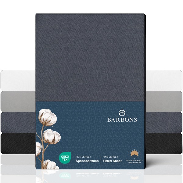 BARBONS Fitted Sheet 140 x 200 cm - 100% Cotton Fitted Sheet, Oeko-Tex Certified, Jersey Bed Sheet, Fitted Sheet, Mattress Height up to 25 cm (Dark Grey - 140 x 200)