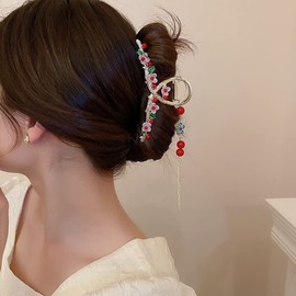 Jumwrit Tassel Flower Hair Claw Gold Metal Hair Claw Pearl Hair Claw with Flower Leaf Big Hair Jaw Clip Nonslip Hair Clamp Cute Hair Claw Clip（Style 2）