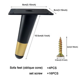 Roellgs Metal Diagonal Furniture Legs, 4 Pieces Furniture Support Legs, Modern Tapered Diagonal Legs, Replacement for Desks, Beds, Cabinets, Chairs, Sofas, Cabinets, Black Gold (10 cm)