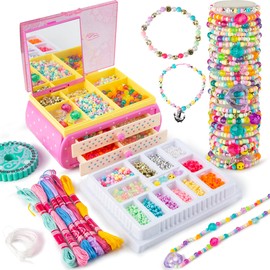 Bracelet Making Kit with Mirror Jewelry Box, Beads & Charms for Beading Bracelets & Necklaces, GONINO 2024 Crafts Kit Set for Kids, Birthday Christmas Toy Gifts for 5 6 7 8 9 10 11 12 Year Old Girls