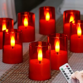 Zevanor Flameless Small Tea Light LED Candles, Acrylic Battery Operated Votive 1.7" x2.5" with Remote Control and Timer, Tealight Red Flickering Warm Light Pack of 8 Electric Long Lasting