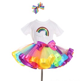 TRADERPLUS Rainbow T-Shirt and Ballet Tutu Skirt with Hair Bows Set for Baby Girls (Large 7-9 Years)
