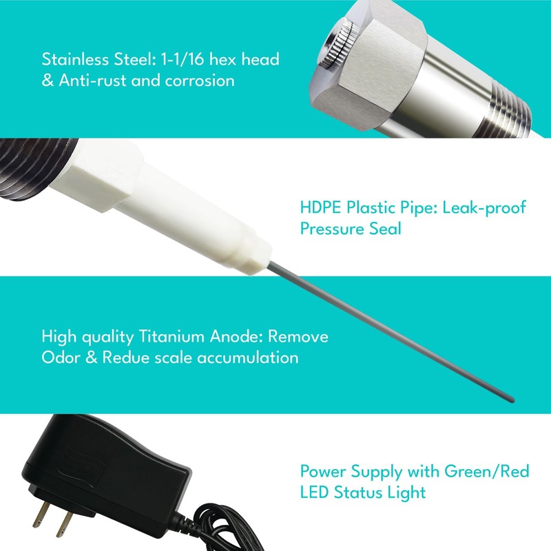 Powered Anode Rod for Water Heater Tank, Electrical Titanium Anode
