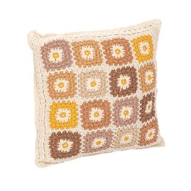 Creative Co-Op Square Cotton Crocheted Pillow with Block Pattern, Multicolor, Multi