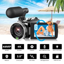 Weochi Video Camera Camcorder 4K 48MP 60FPS YouTube Camera with Wireless Lavalier Mic & External Mic for Vlogging, Ultra HD 3“ Screen 18X Digital Zoom Video Recorder Camera with 32GB SD Card