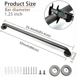 Rackickyer Shower Grab Bar, 2 Pack 32 Inch Gray Bathroom Grab Bar, 1.25" Diameter 304 Stainless Steel Anti-Slip Grab Bars for Bathtubs and Showers, Handicap Shower Grab Bar for Seniors Elderly