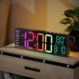 JALL 10.5'' Digital Large Alarm Clock with 8-in-1 RGB Colors, Date, Month, Temperature LED, Auto DST, Modern for Desk, Wall, Living Room, Bedroom, Birthday Xmas Gift, him her Mom Dad Seniors Teen