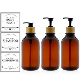 Shampoo Bottles Refillable, Kimqi Bathroom Shampoo and Conditioner Dispenser Set, 16oz Amber Plastic Shower Soap Bottle with Pump, 3 Pack