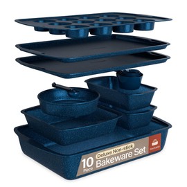 Blue Marble 10-Piece Bakeware Sets, Nonstick Carbon Steel Baking Sheet & Pans, Stackable Space-Saving Bakeware, Dishwasher Safe, Stain-resistant, PFOAPFOSPTFE Free, Oven Safe Up To 450°F (230°C)