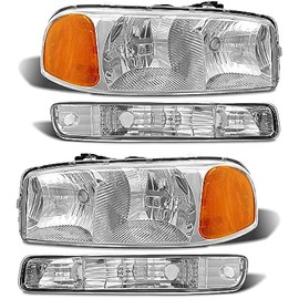 compatible with 1999-2006 Sierra Headlight Assembly for 99-06 GMC Sierra 1500 2500 3500/00-06 GMC Yukon Clear Lens Chrome Housing with Amber Reflector Headlamp Replacement Left and Right