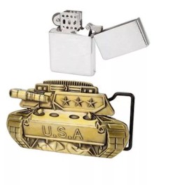 Mens Antiqued USA Tank Belt Buckle With Removable Lighter