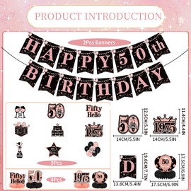 Yoyuspy 50th Birthday Decorations for Women Her, 1975 50th Rose Gold Party Decor, 15PCS Retro 50 Years Old Happy Birthday Banners Hanging Swirls and Honeycomb Centerpieces Supplies