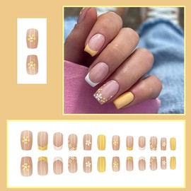 Yellow French Tip Press on Nails Medium Square Flower Fake Nails with Daisy Designs Glossy Coffin Nails Full Cover Nail Tips Glue on Nails Artificial Acrylic False Nails for Women 24Pcs