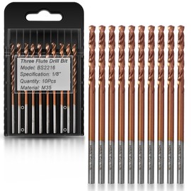Bestwork 1/8" Three Flute Cobalt Drill Bit Set, M35 Metal Drill Bits with Three-Flat Shank and 135 Degree Split Point, for Hardened Metal, Stainless Steel, Cast Iron, Plastic & Wood, 10-Piece